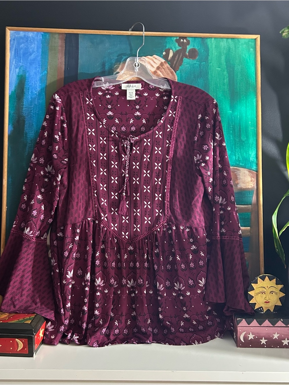 Style & Co Burgundy Boho Floral Bell Sleeve Peasant Top Size M